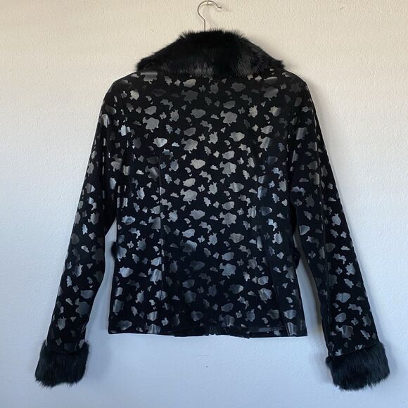 She’s Black Faux Leather Fur Trimmed‎ Jacket Coat cropped Glam Size Junior Small - Picture 2 of 14